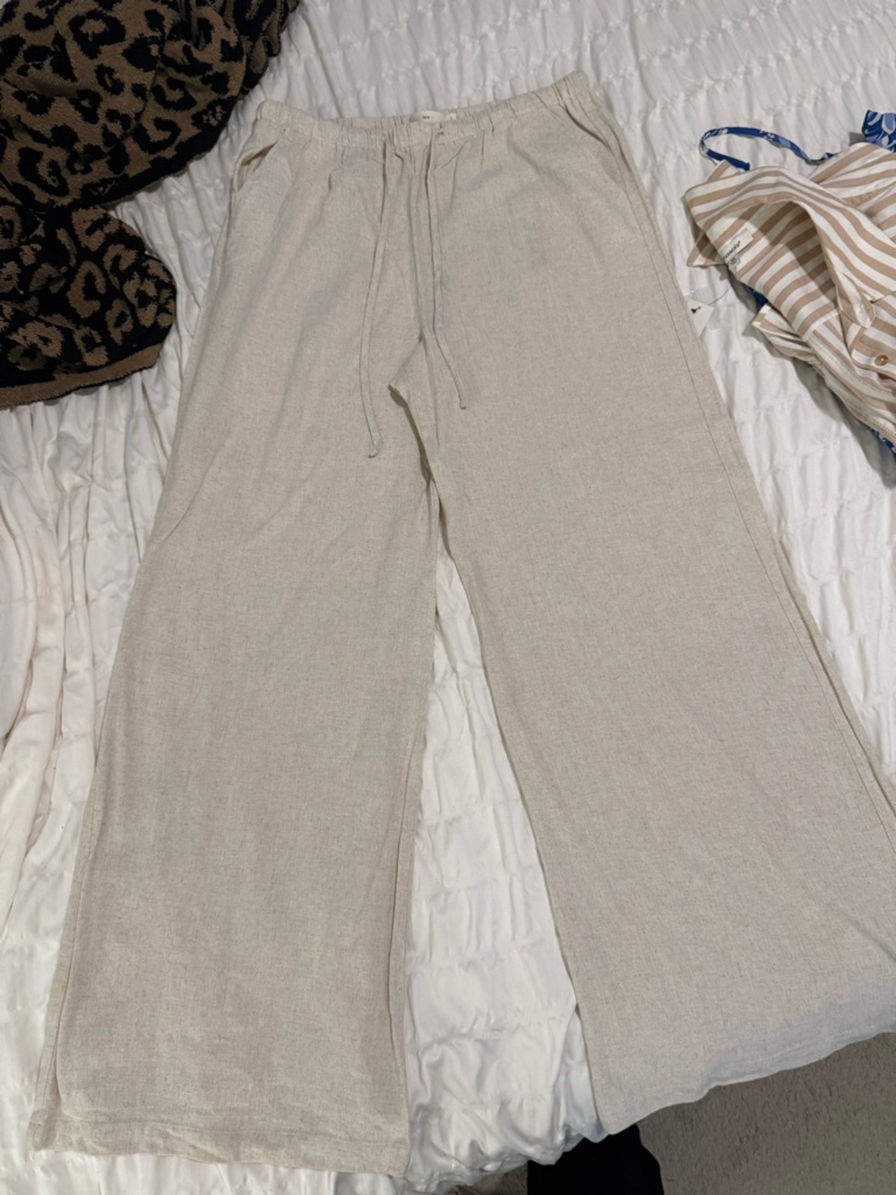 Wide Leg Linen-Blend Pants in Light Beige